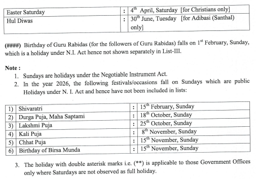 List III Sectional Holidays in 2026